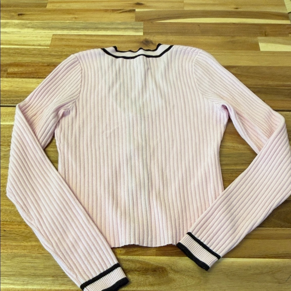 Express Pink Ribbed Cardigan with Black Trim and Gold Buttons. Womens XSmall - Picture 6 of 6